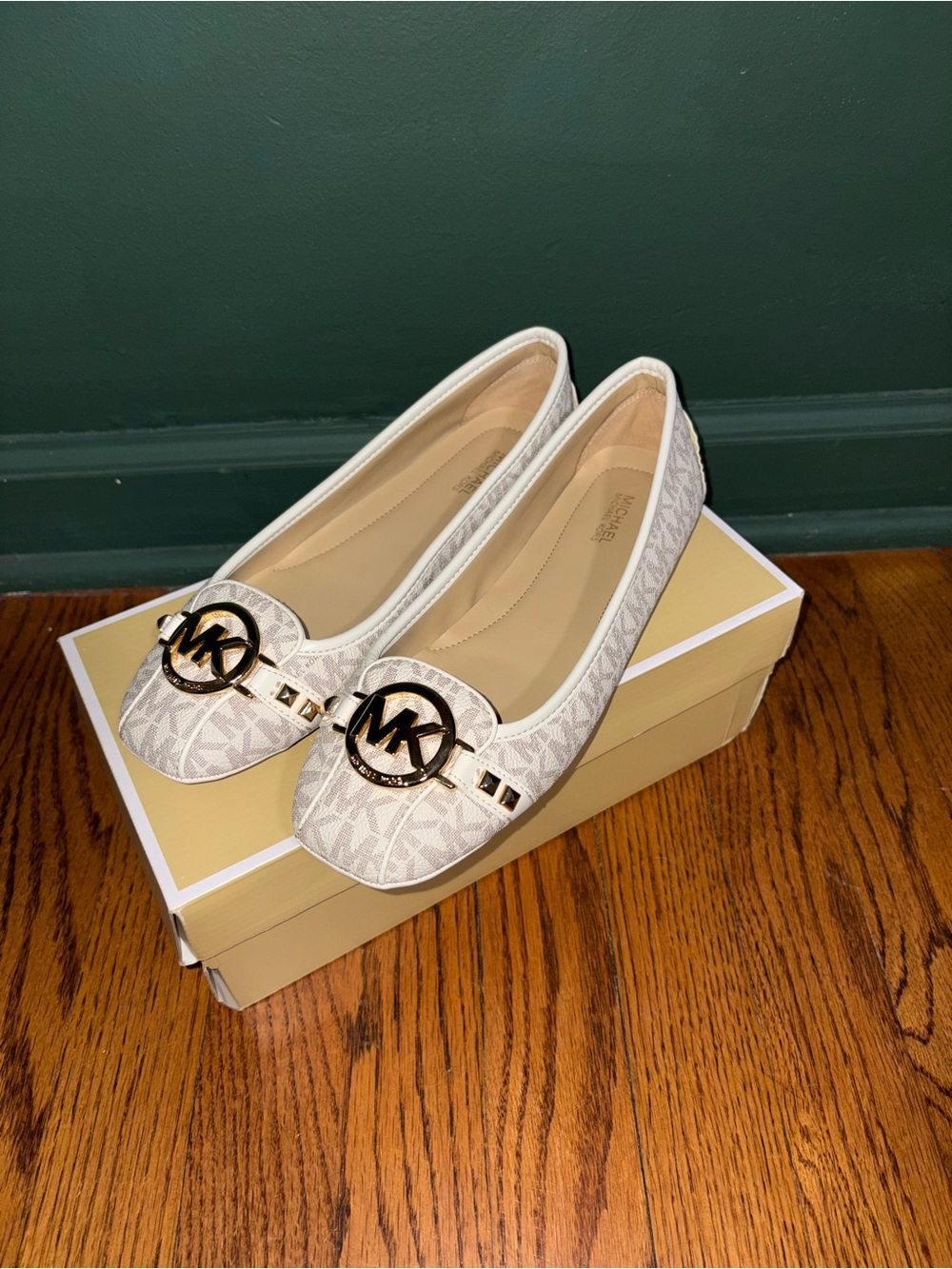 Michael Kors Women's White Logo Ballet Flat with Gold MK Accent - Picture 3 of 6